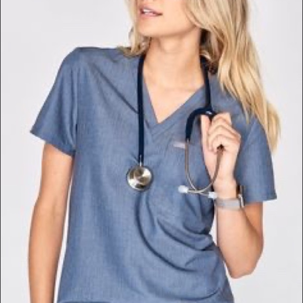 Figs scrubs Heather Denim Catarina scrub top.